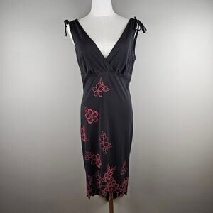 Rampage Black Midi Dress Red Floral Vintage Beaded Y2K Fairy Grunge V Neck